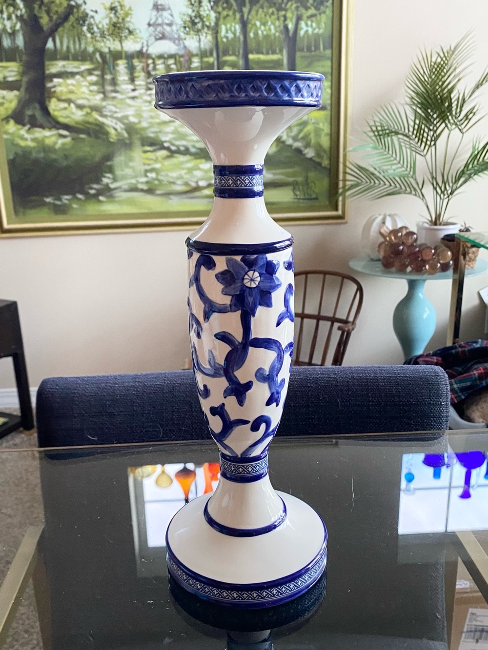 Ralph Lauren Mandarin Blue White Floral Ceramic Pillar Candle Holder Large 13.5”